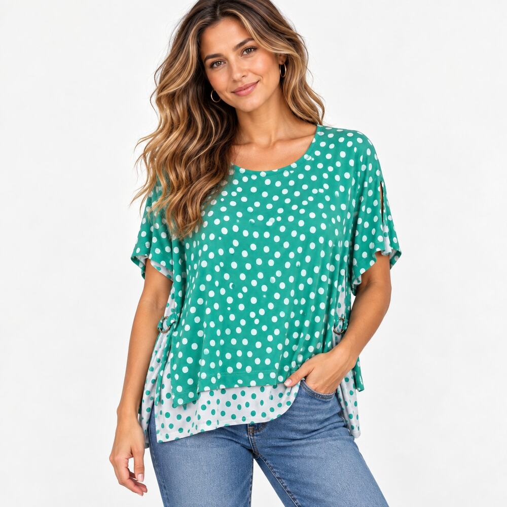 Susan Graver Liquid Knit Blouse Women's Size 2X Mint Green Polka-dot Cottage